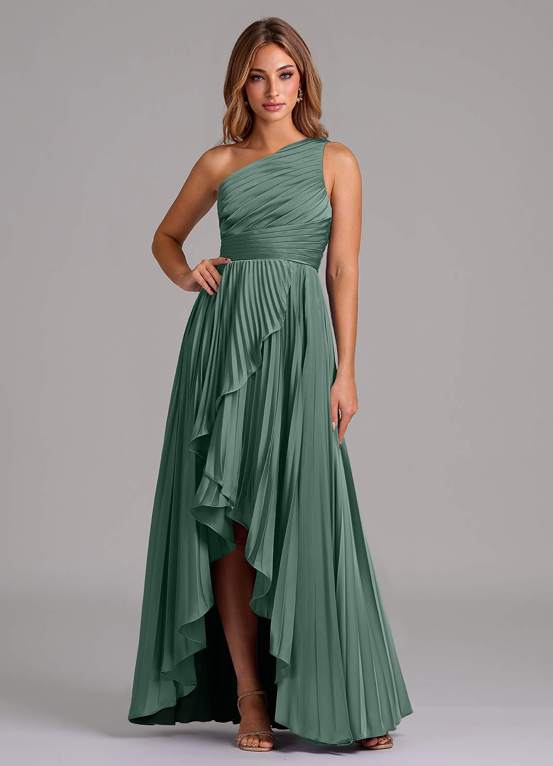 Azazie Lyrica Bridesmaid Dresses Eucalyptus A-Line One Shoulder Stretch Satin Dress image1