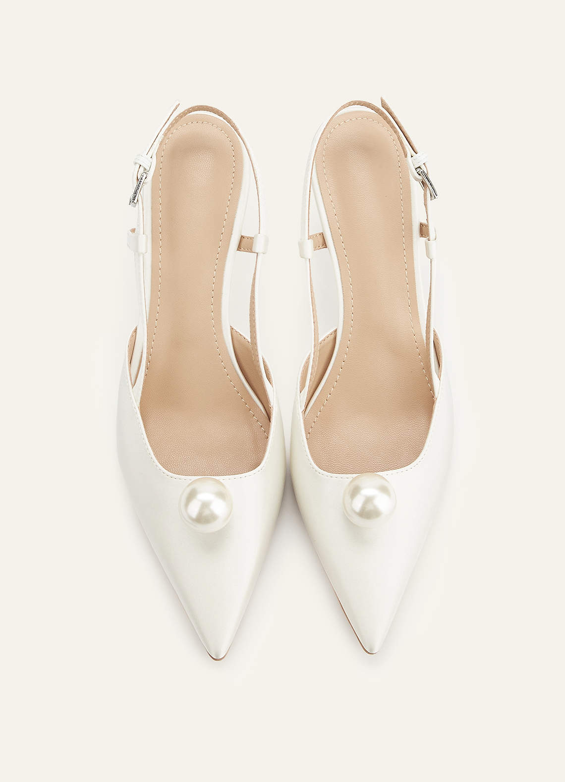 front Satin Pearl Pointed Toe Kitten Heel