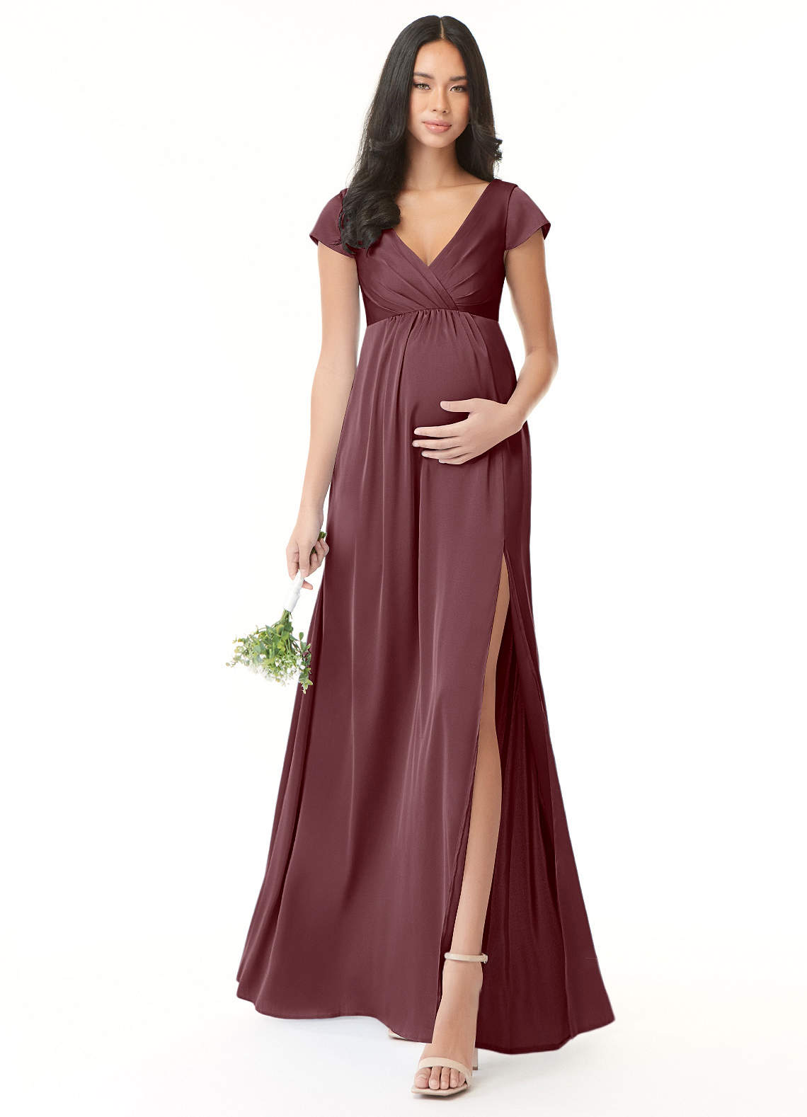 Azazie Allessia Robes de demoiselle d'honneur de maternité Robe Trapèze Plissée Longueur ras du sol Satin extensible image1