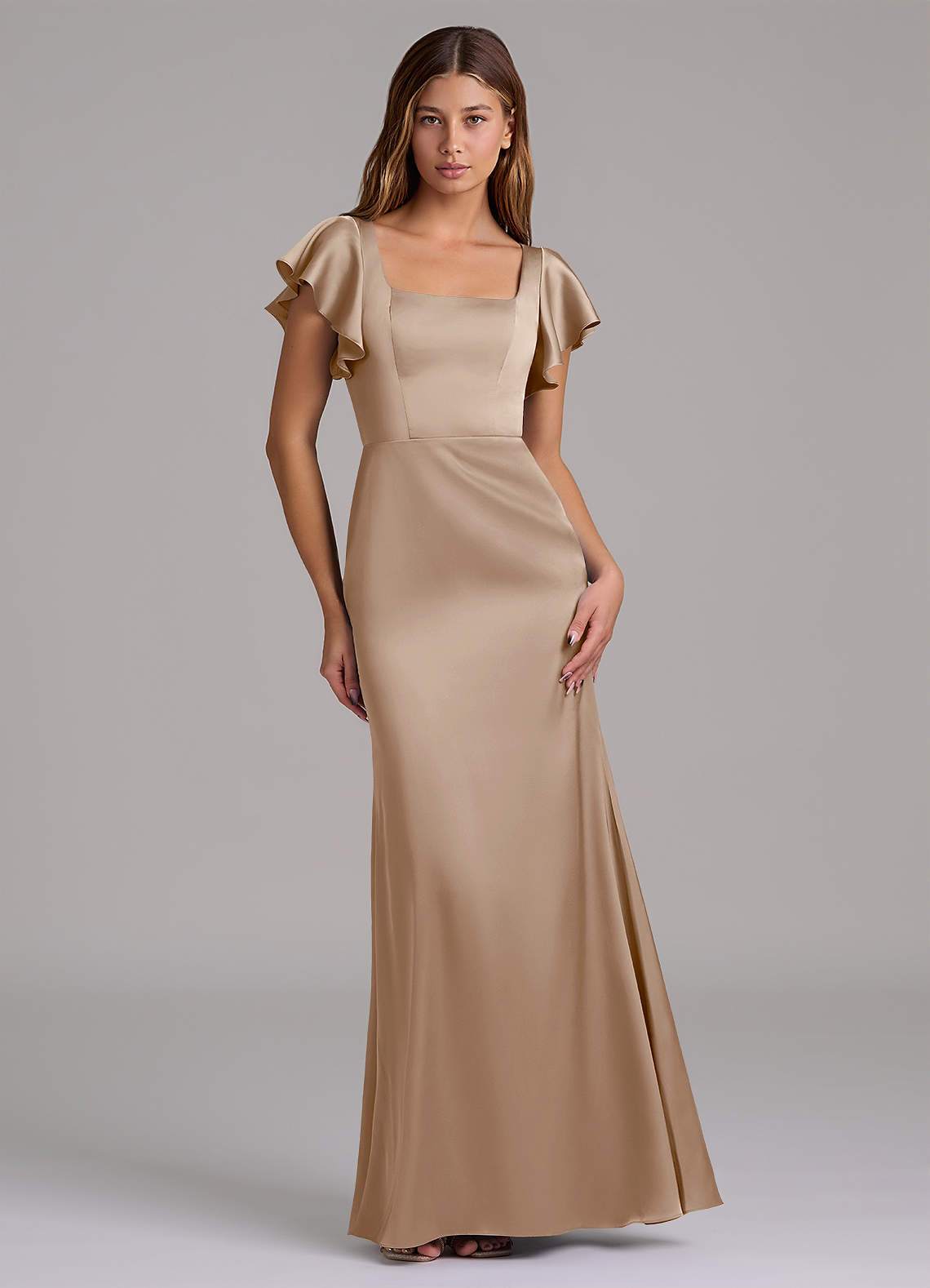 Azazie Elkie 신부 들러리 드레스 인어 스퀘어 네크라인 스트레치 새틴 바닥 길이 드레스 image1