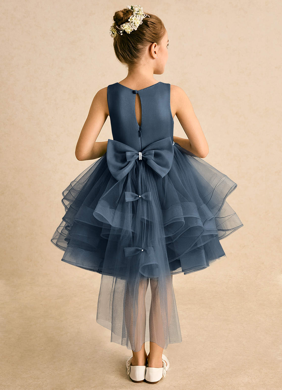 Azazie Tinie Blumenmädchenkleider Ballkleid Schleifen Tüll Kleid Neptunblau image1