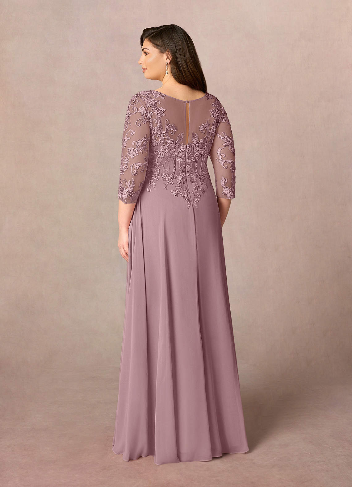Azazie Noella vestidos de madre de la novia Vestido de Rosa Polvorienta de Gasa de Corte en A con Encaje cuello pico image11