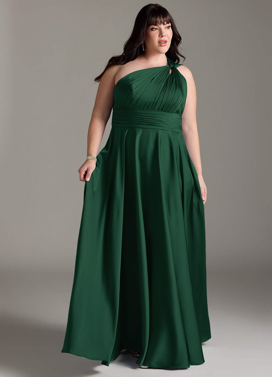 Azazie Charlize Bridesmaid Dresses Dark Green A-Line One Shoulder Stretch Satin Dress image10