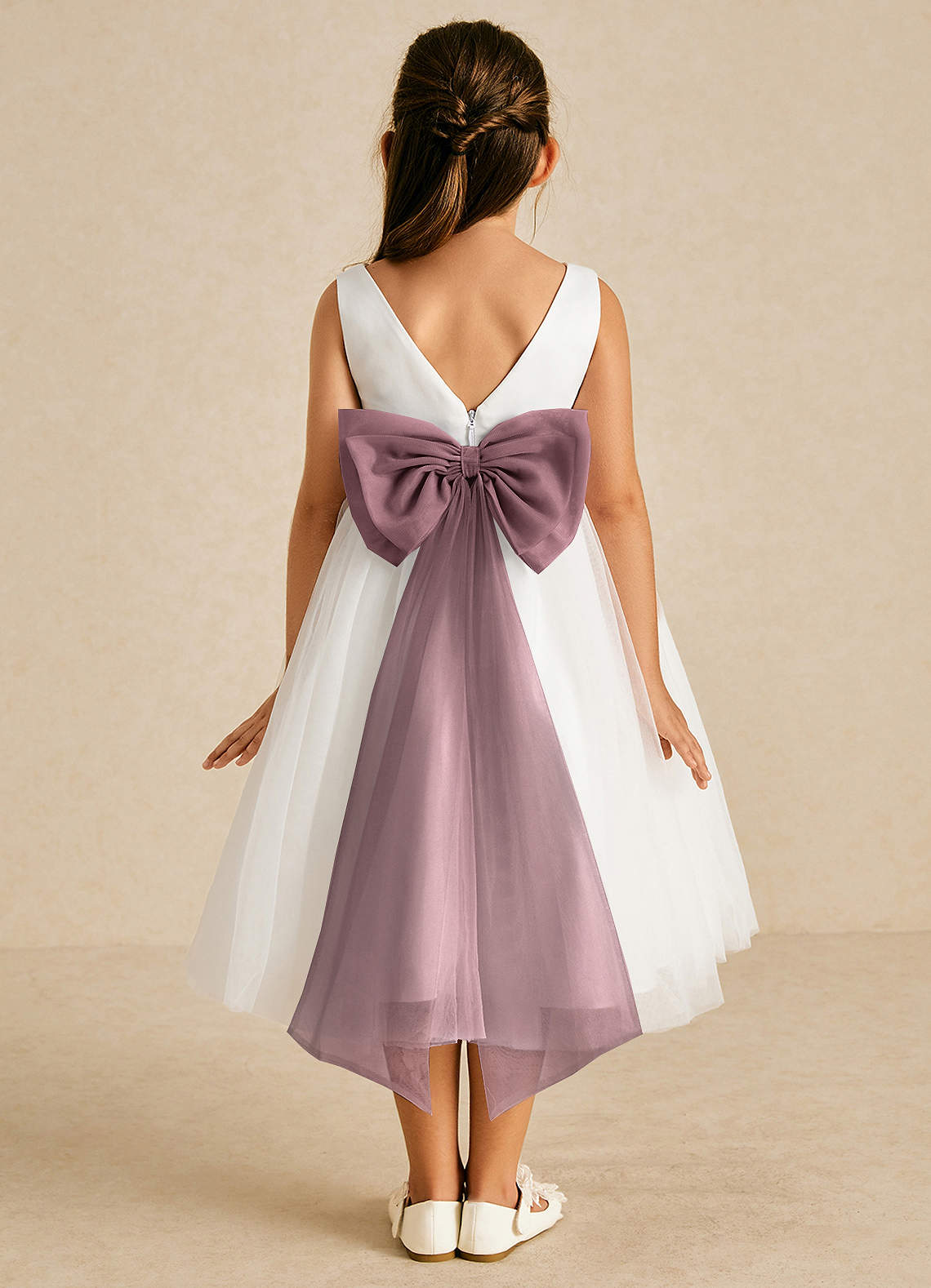 Azazie Kavi Flower Girl Dresses Ivory Vintage Mauve A-Line Bow Matte Satin Dress image1