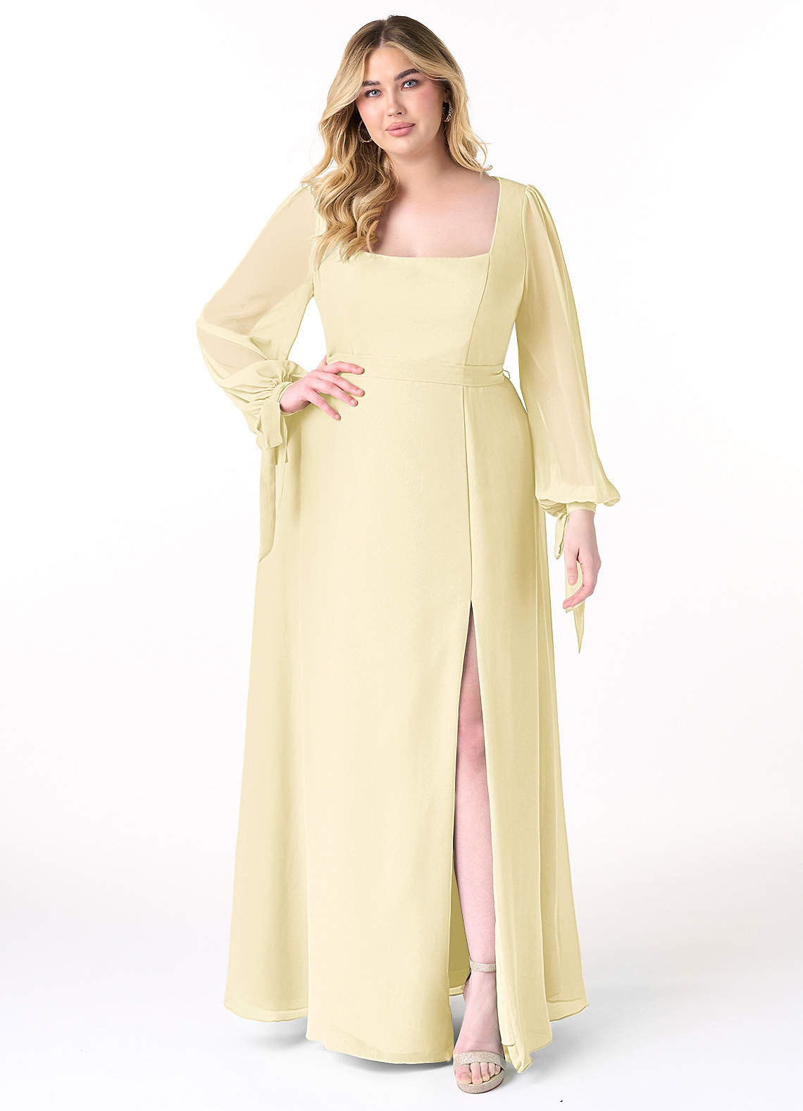 Azazie Leonia Jurken voor bruidsmeisjes Jurk van Chiffon met A-Lijn Lange mouw Citroensorbet image1