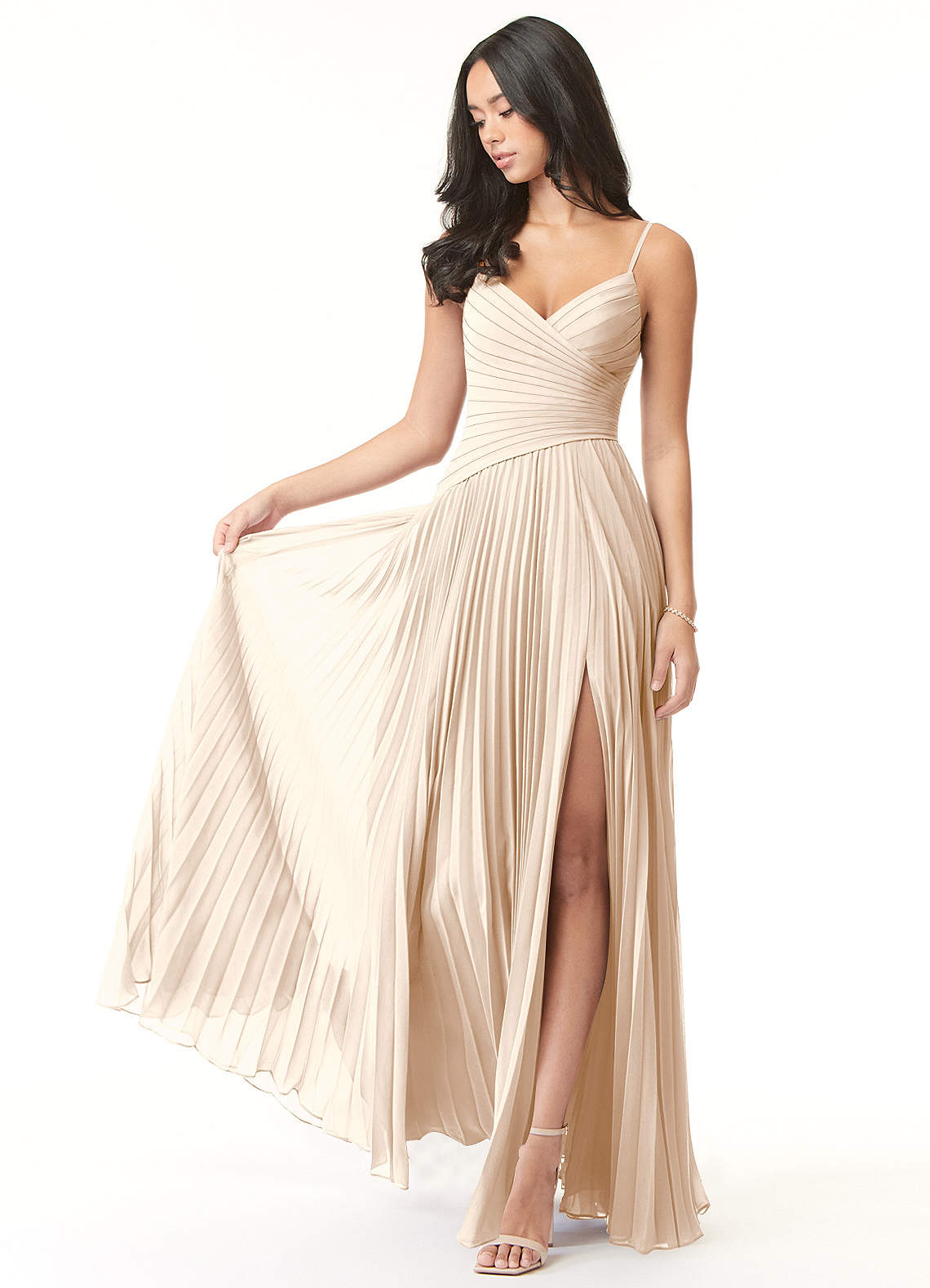 Azazie Vini Vestidos de damas de honor Vestido de Alabastro Blanco de Gasa de Corte en A con Cuello en V Plisado image1