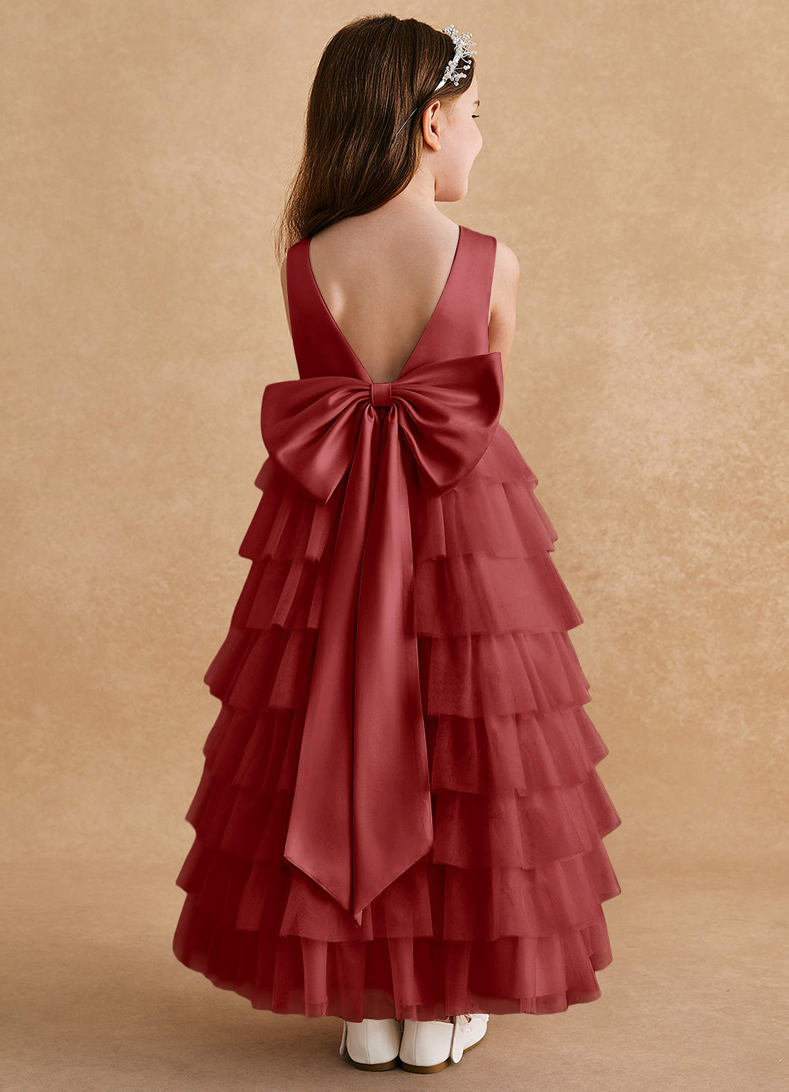 Azazie Twinkle Toes Blumenmädchenkleider A-Linie Schleifen Tüll Kleid Rost image1