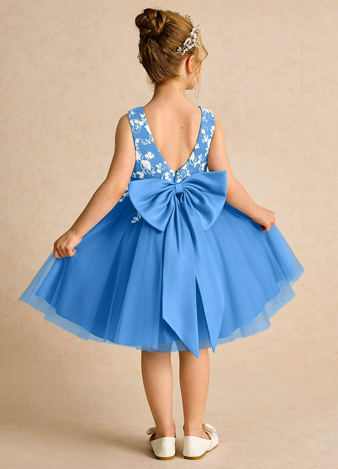 Azazie Butterfly Abiti da Ragazza di Fiori Abito A-Line in Pizzo Blue Jay image1