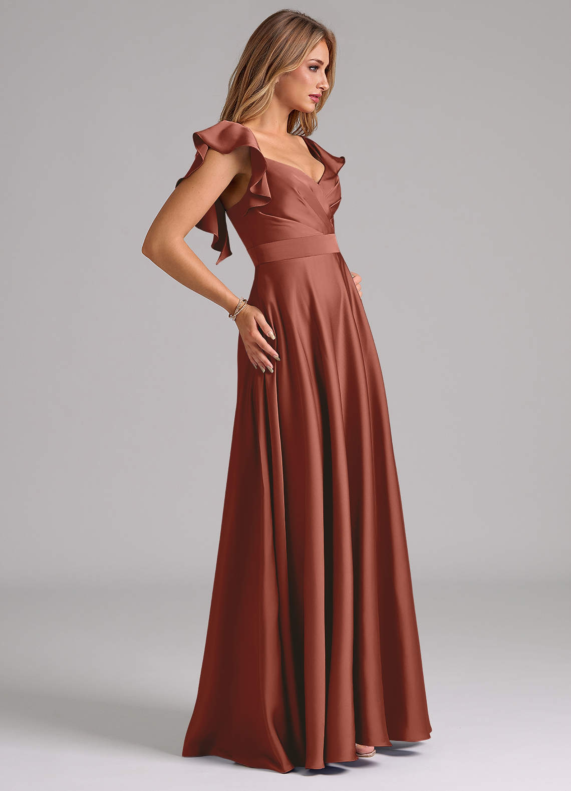 Azazie Leilani Bridesmaid Dresses Auburn A-Line Ruched Stretch Satin Dress image5
