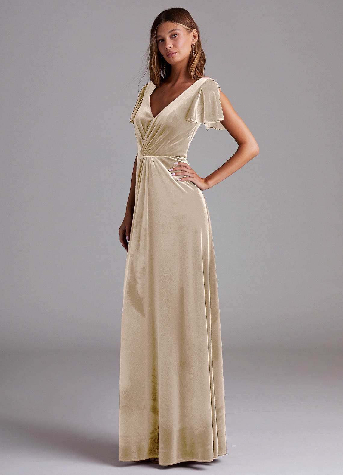 gold velvet bridesmaid dresses Azazie Soren Champagne Pebble Beach Stillwater cove category:maxi dress Size:6 1/2 Medium The slit adds a