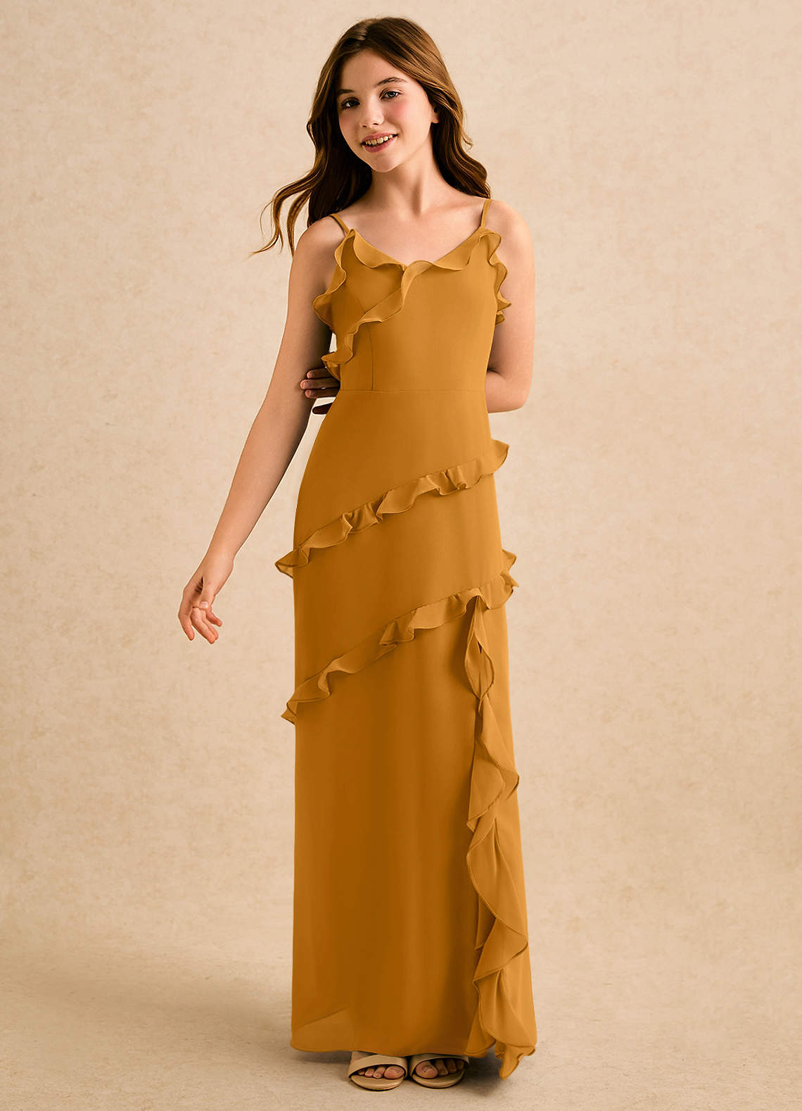 Azazie Lola Girls Formal Butterscotch A-Line Ruched Chiffon Dress