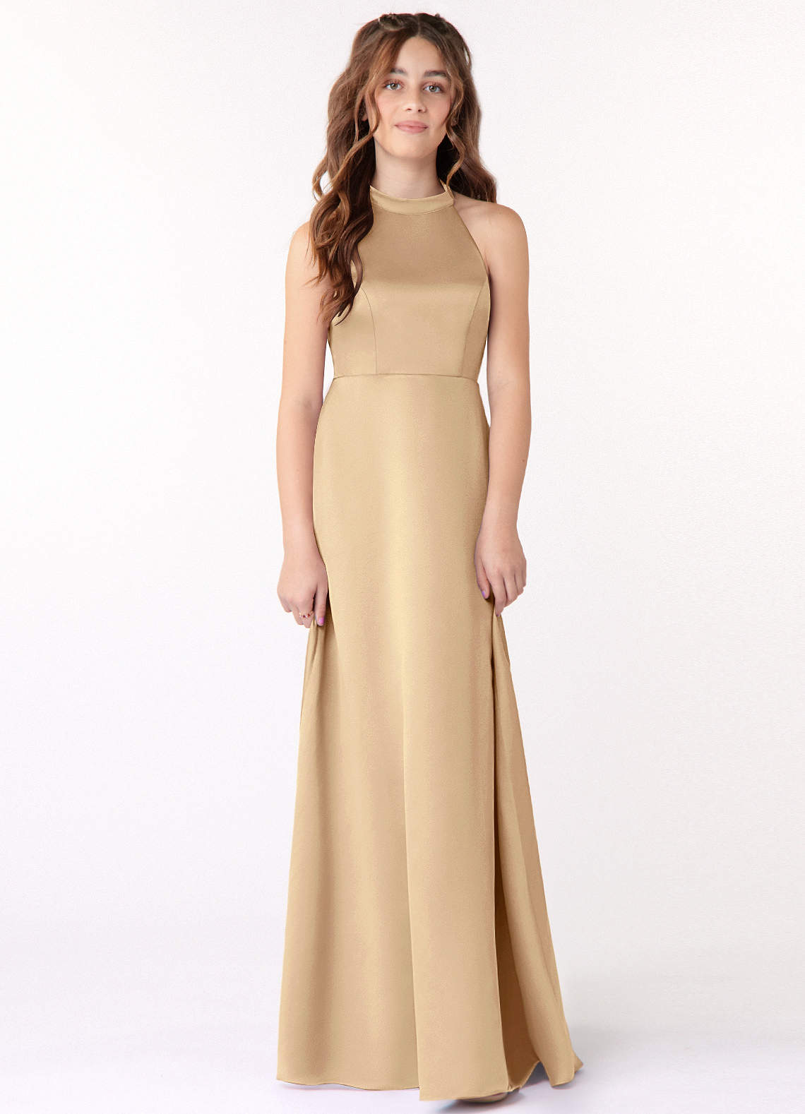 Azazie Laurel Junior Robe Trapèze en Satin extensible Champagne image1