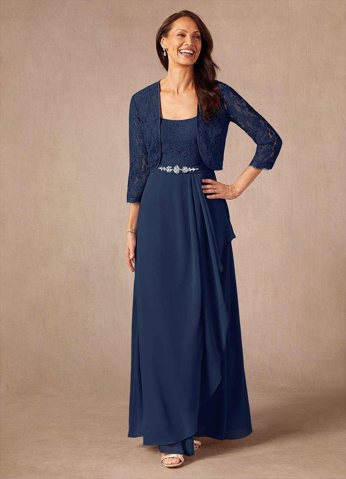 Azazie Ainsling Dark Navy A-Line Square Neckline Lace Chiffon Dress | Azazie