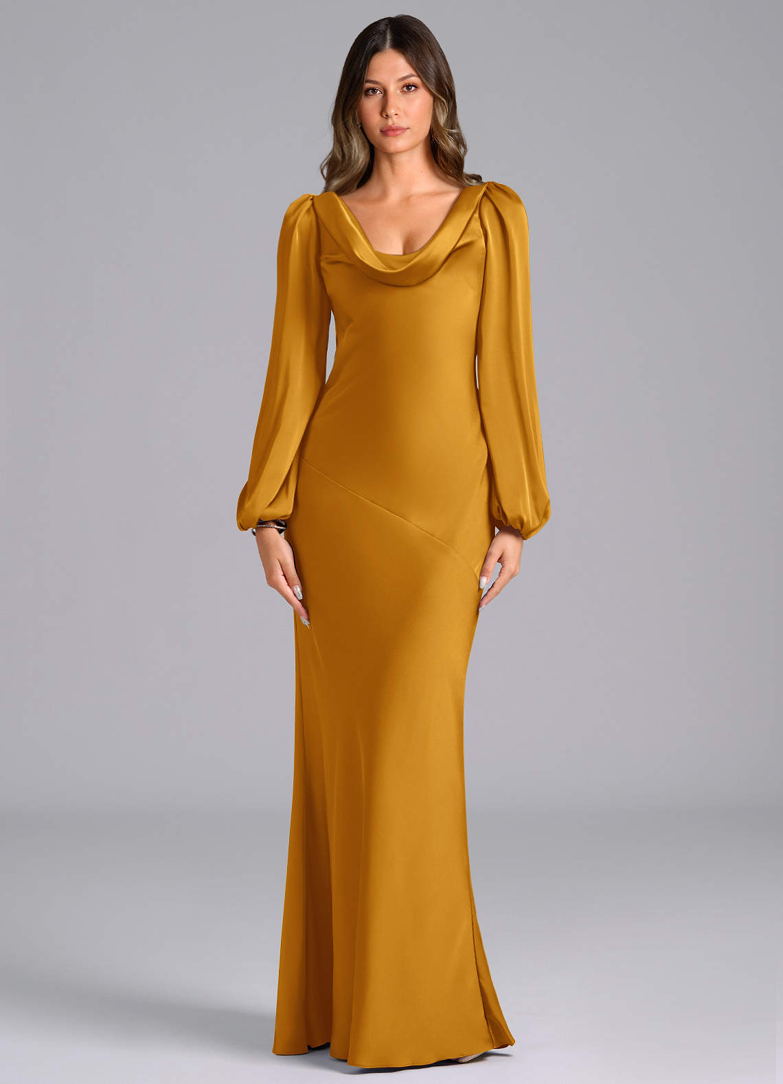 Azazie Rylina Bridesmaid Dresses Butterscotch Mermaid Long Sleeve Stretch Satin Dress image1