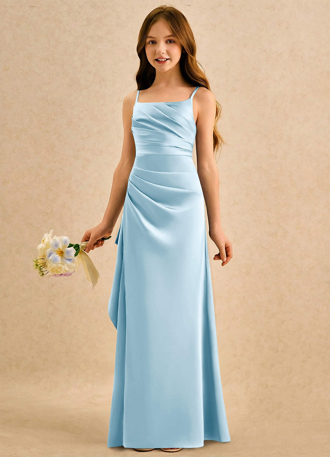 Azazie Cannoli Girls Formal Jurken voor bloemenmeisjes A-Lijn Jurk van Mat Satijn Geplooid Hemelsblauw image4