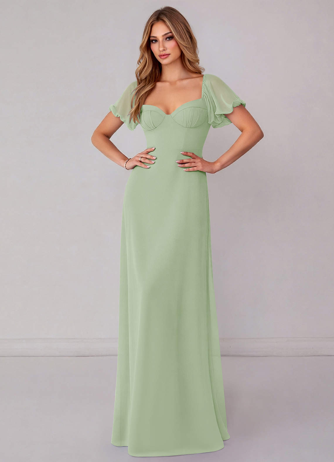 Azazie Fatima Bridesmaid Dresses Dusty Sage A-Line with Pockets Chiffon Dress image1