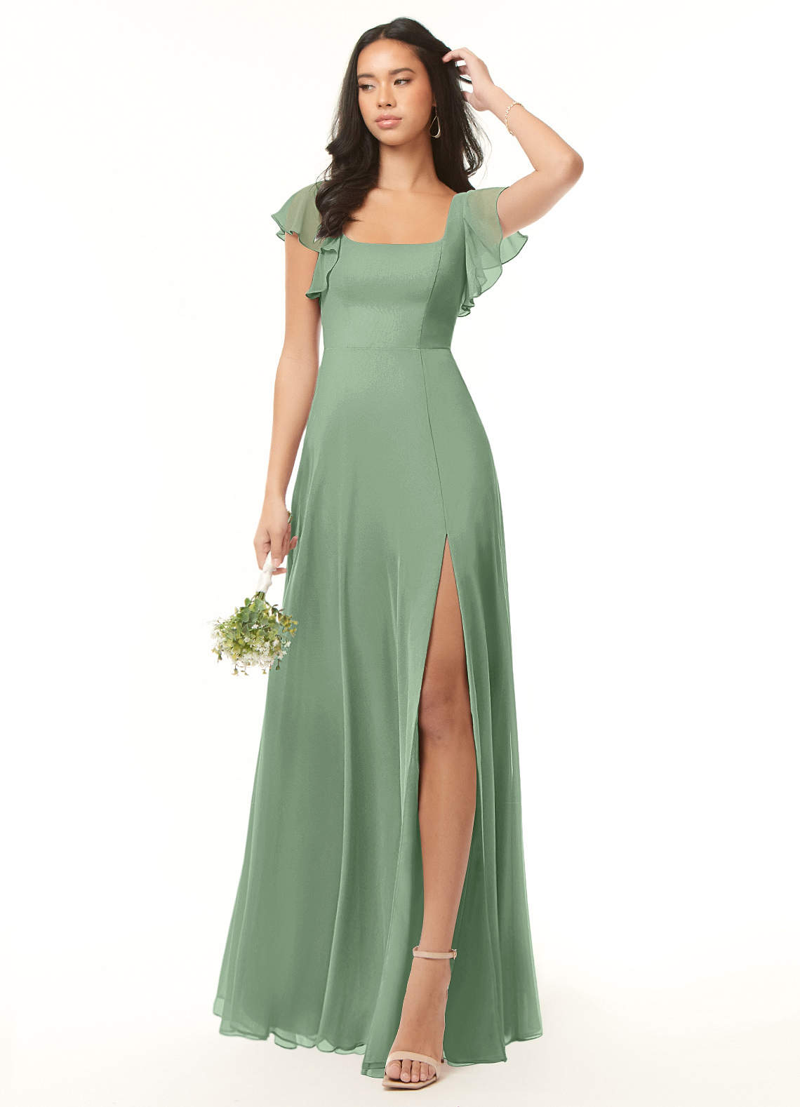 Azazie Bondi Bridesmaid Dresses Matcha A-Line Ruffled Chiffon Dress image1