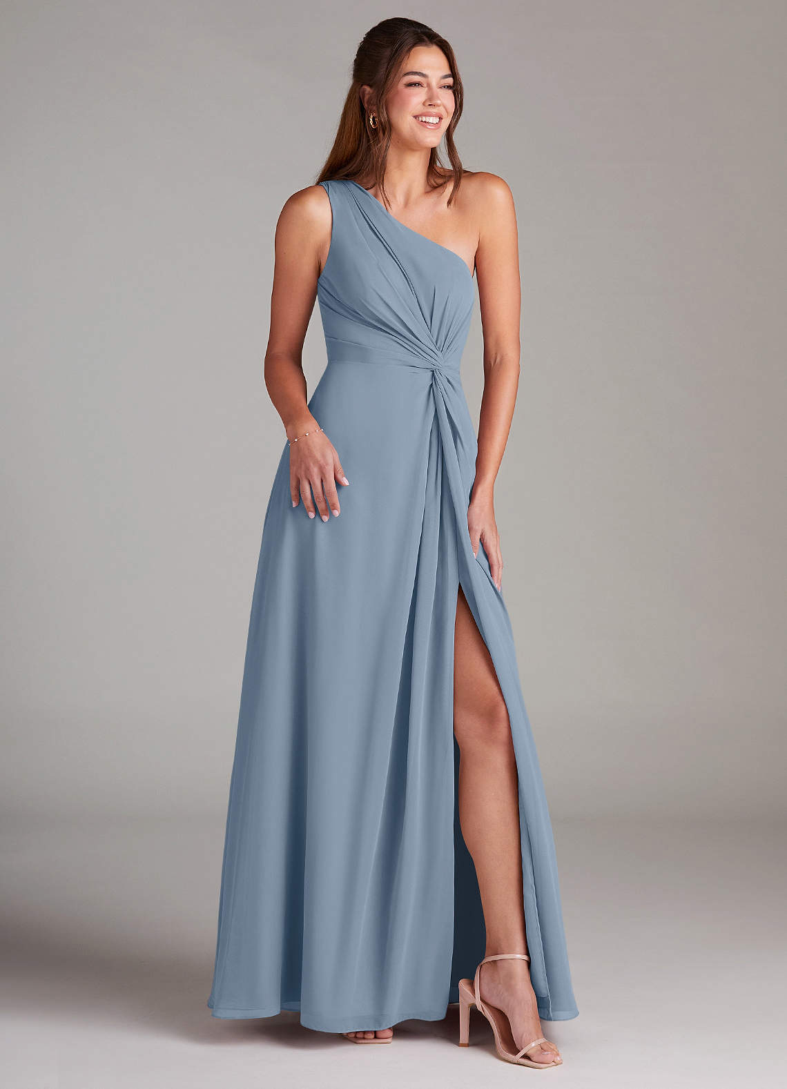 Azazie Brooke Bridesmaid Dresses Dusty Blue A-Line One Shoulder Chiffon Dress image3