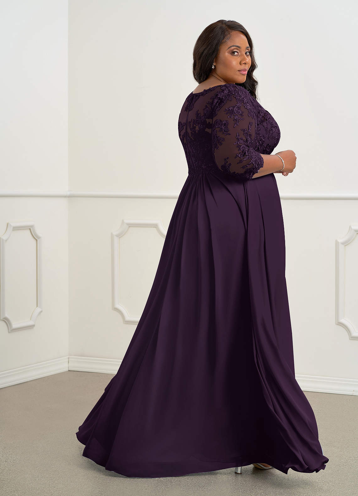 Azazie Hayek Plum A-Line V-Neck Lace Chiffon Dress | Azazie