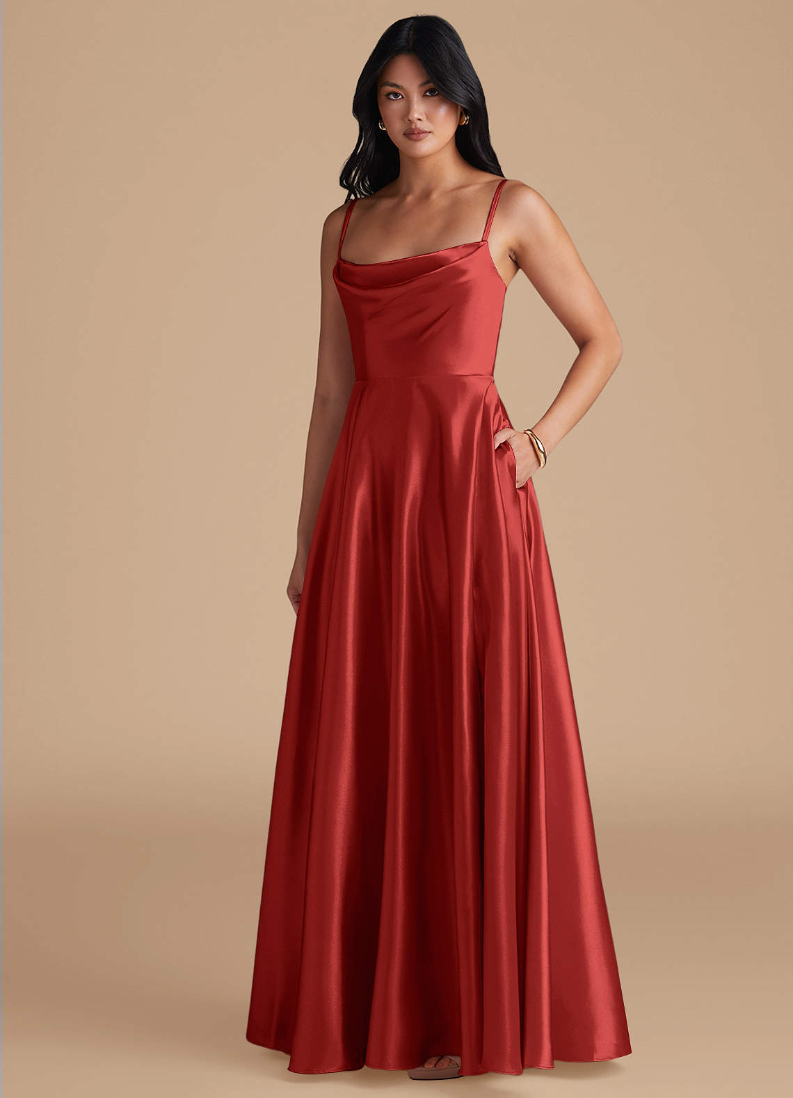 Azazie Elle Bridesmaid Dresses Rust A-Line with Pockets Metallic Satin Dress image1