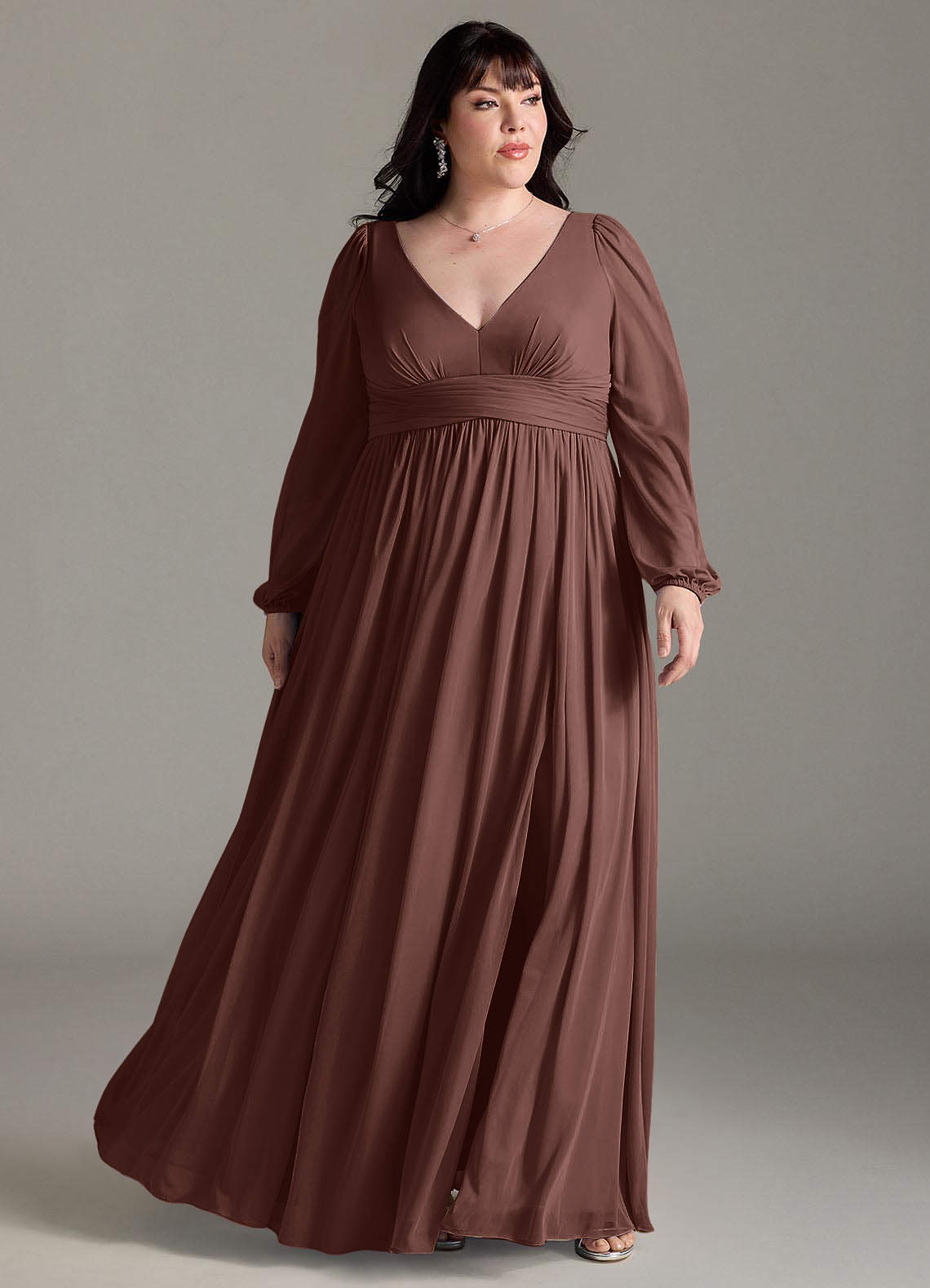 Azazie Norah Bridesmaid Dresses Espresso A-Line V-Neck Long Sleeve Chiffon Dress image1