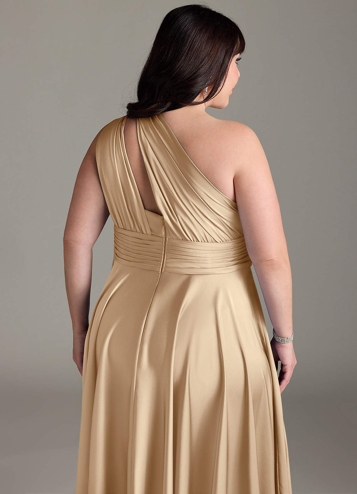 Azazie Charlize Bridesmaid Dresses Champagne A-Line One Shoulder Stretch Satin Dress image15
