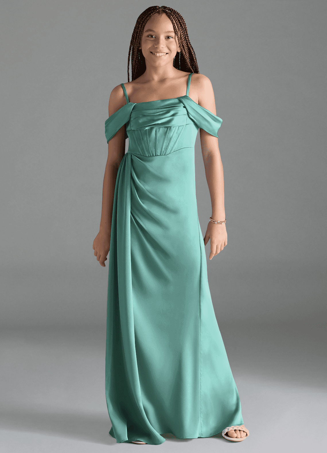 Azazie Amyra Junior Aqua Sheath Off the Shoulder Stretch Satin Dress image1