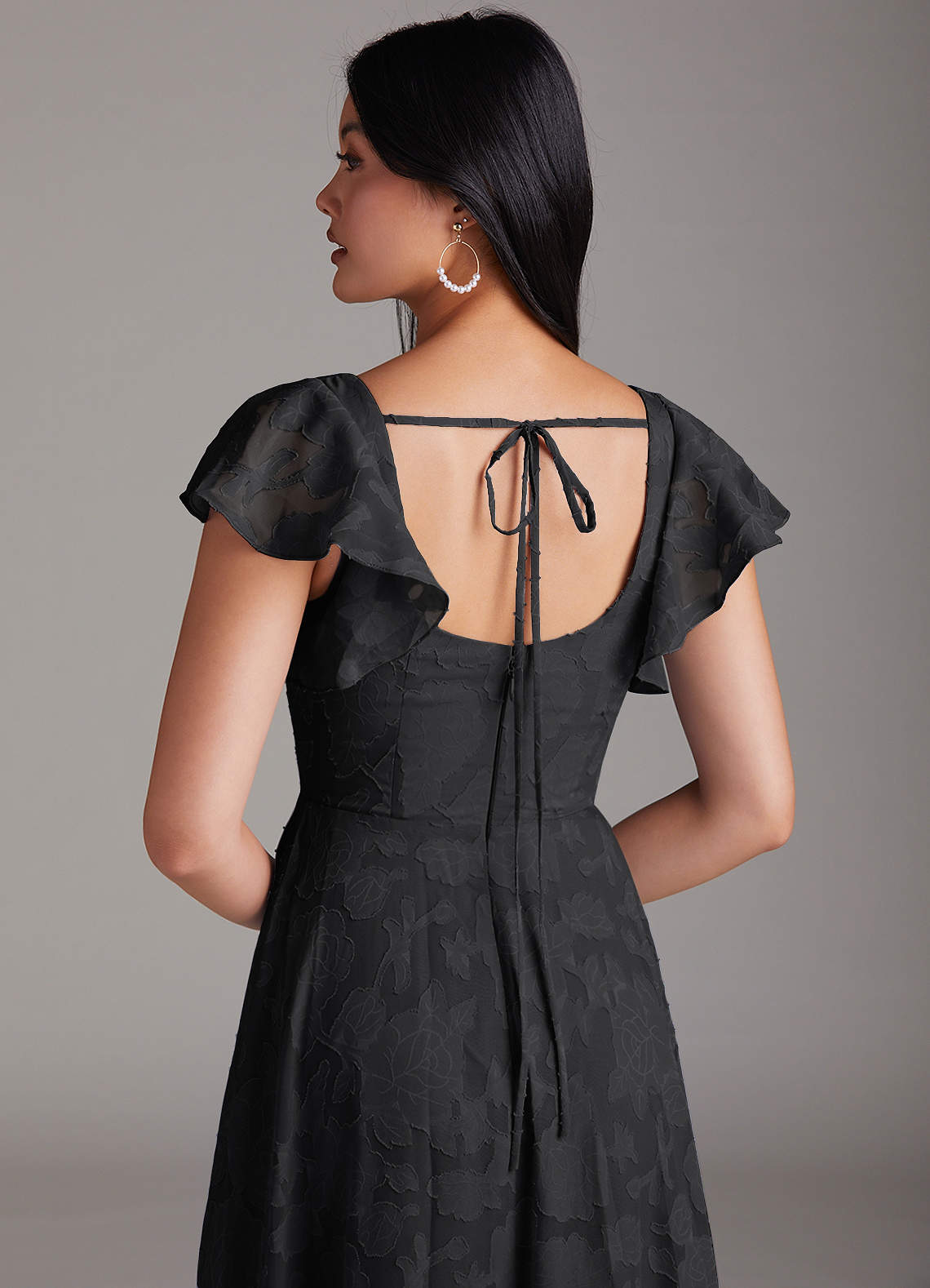 Azazie Bondi Bridesmaid Dresses Black A-Line Side Slit Floral Burnout Dress image4