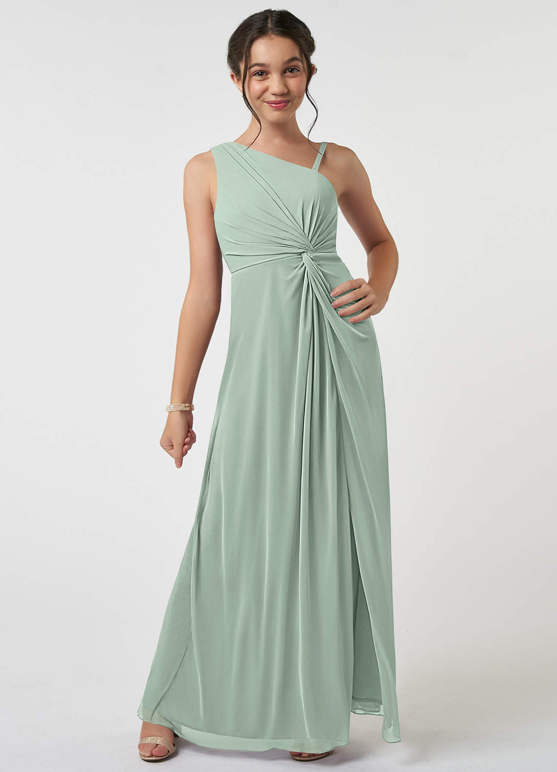 Azazie Brooke Junior Abito A-Line in Maglia Plissettato Agave image1
