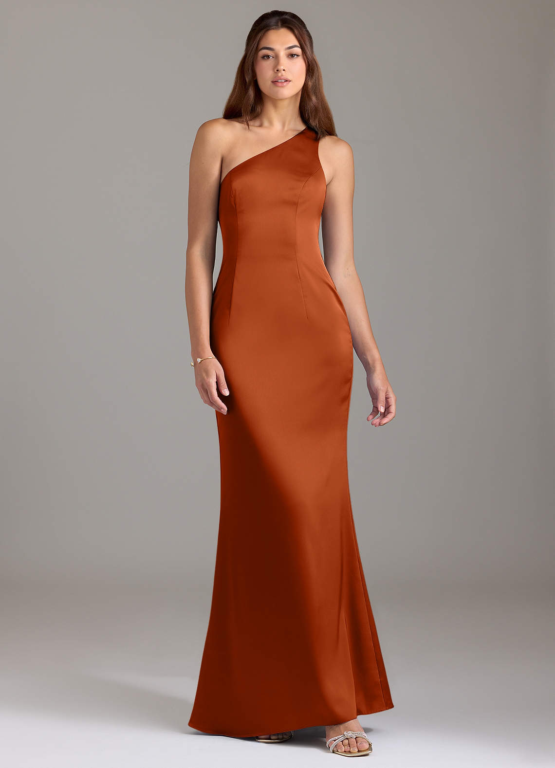 Azazie Arleth Vestidos de damas de honor Vestido de Naranja Quemada de Satén Elástico de Corte en A con Hombro unilateral image1