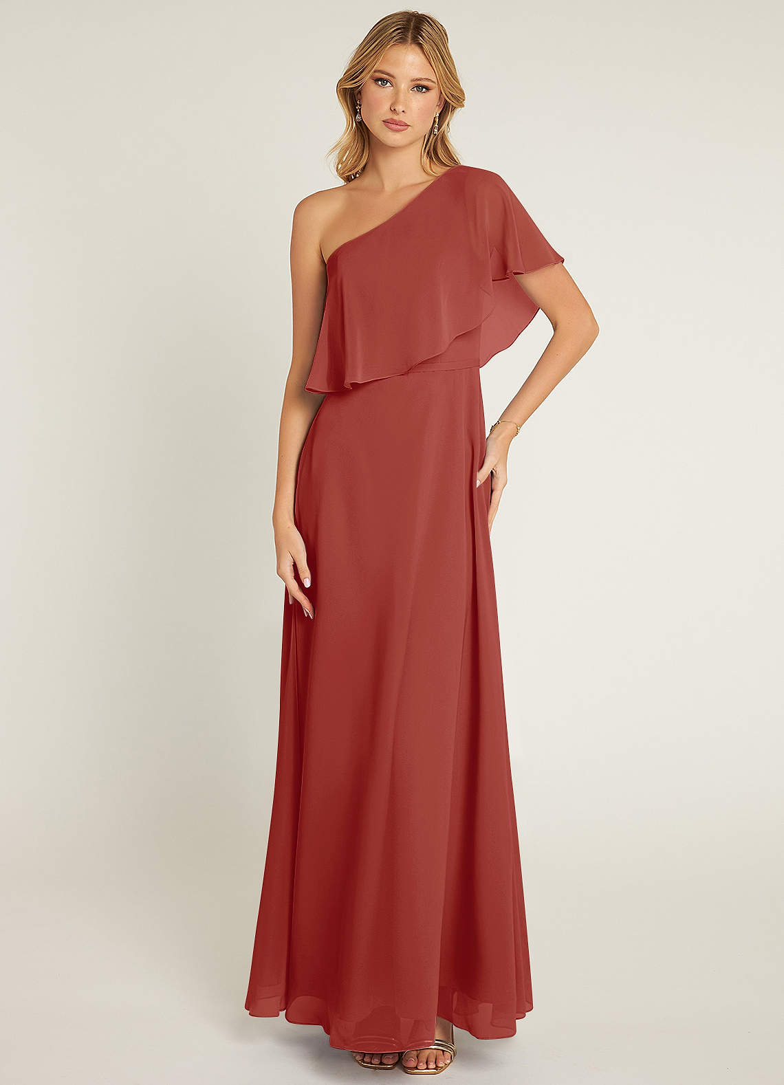 Azazie Lizzy Bridesmaid Dresses Terracotta A-Line One Shoulder Chiffon Dress image1