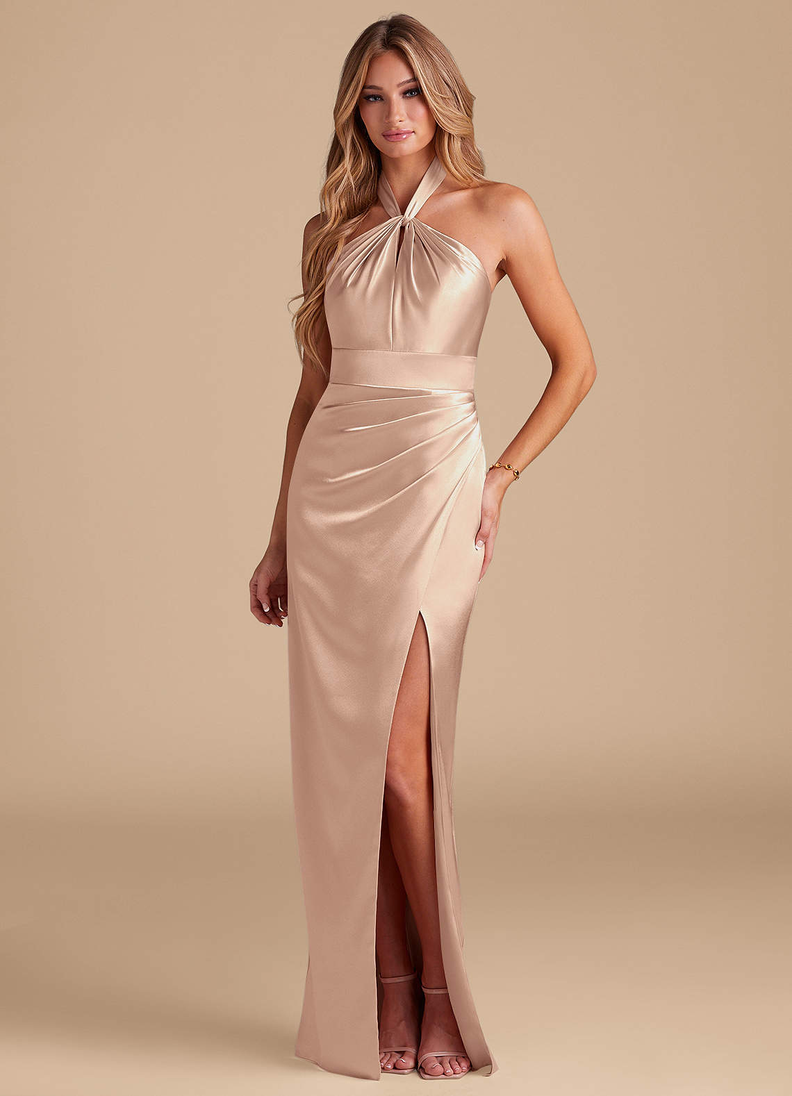 Azazie Zaya Bridesmaid Dresses English Rose Sheath Pleated Metallic Satin Dress image1