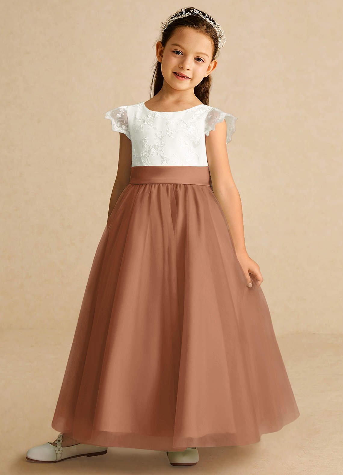 Azazie Pookie Flower Girl Dresses Bronzer A-Line Lace Tulle Dress image1