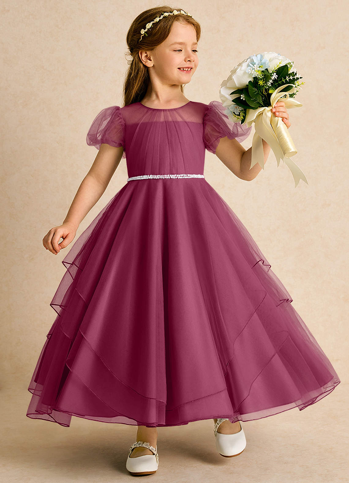 Azazie Duckie Abiti da Ragazza di Fiori Abito Principessa in Tulle Plissettato Gelso image1