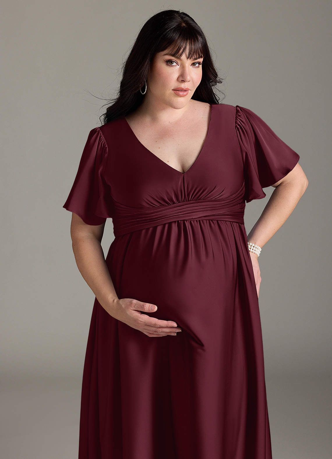 Azazie Verna vestidos de dama de honor de maternidad Vestido de Corte En A Volante Hasta el suelo Satén Elástico image14