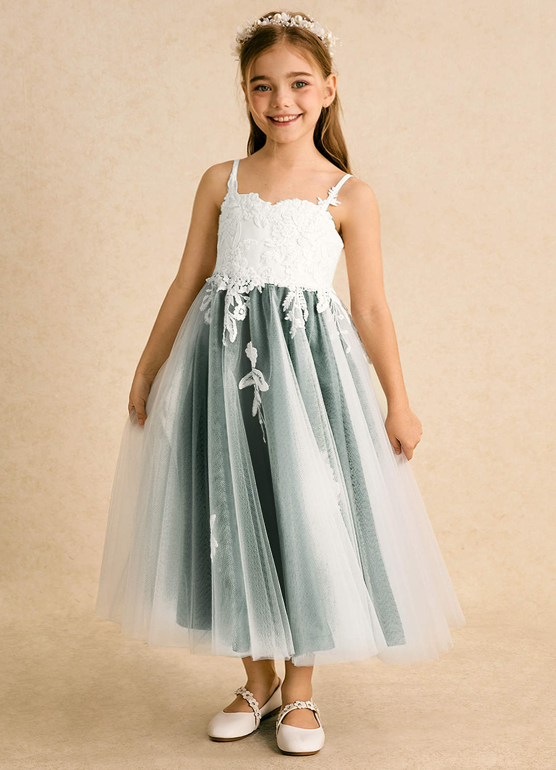 Azazie Coraline Flower Girl Dresses Ivory Emerald A-Line Lace Dress image1