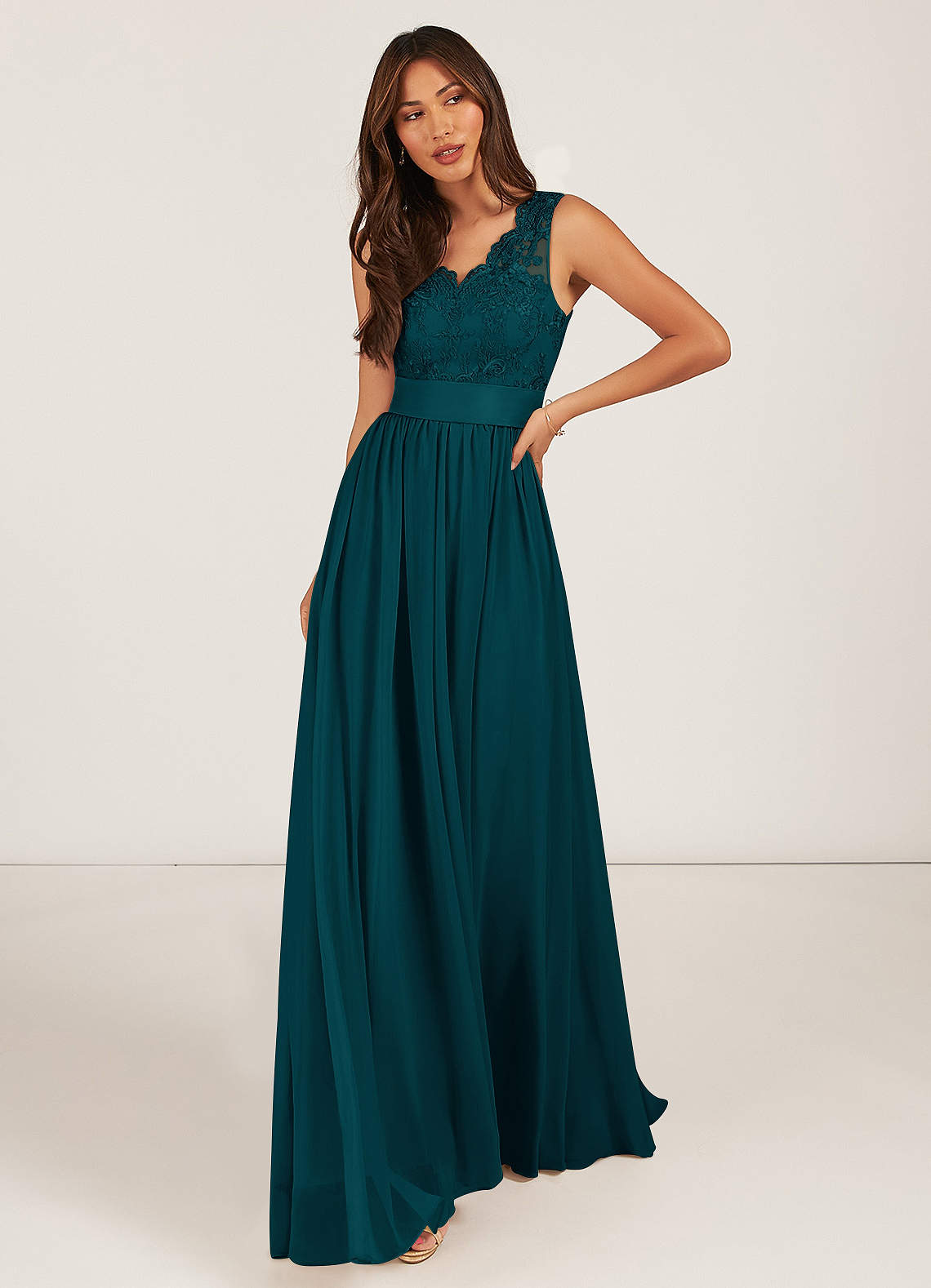 Azazie Gertrude Bridesmaid Dresses Pine A-Line Lace Chiffon Dress image1