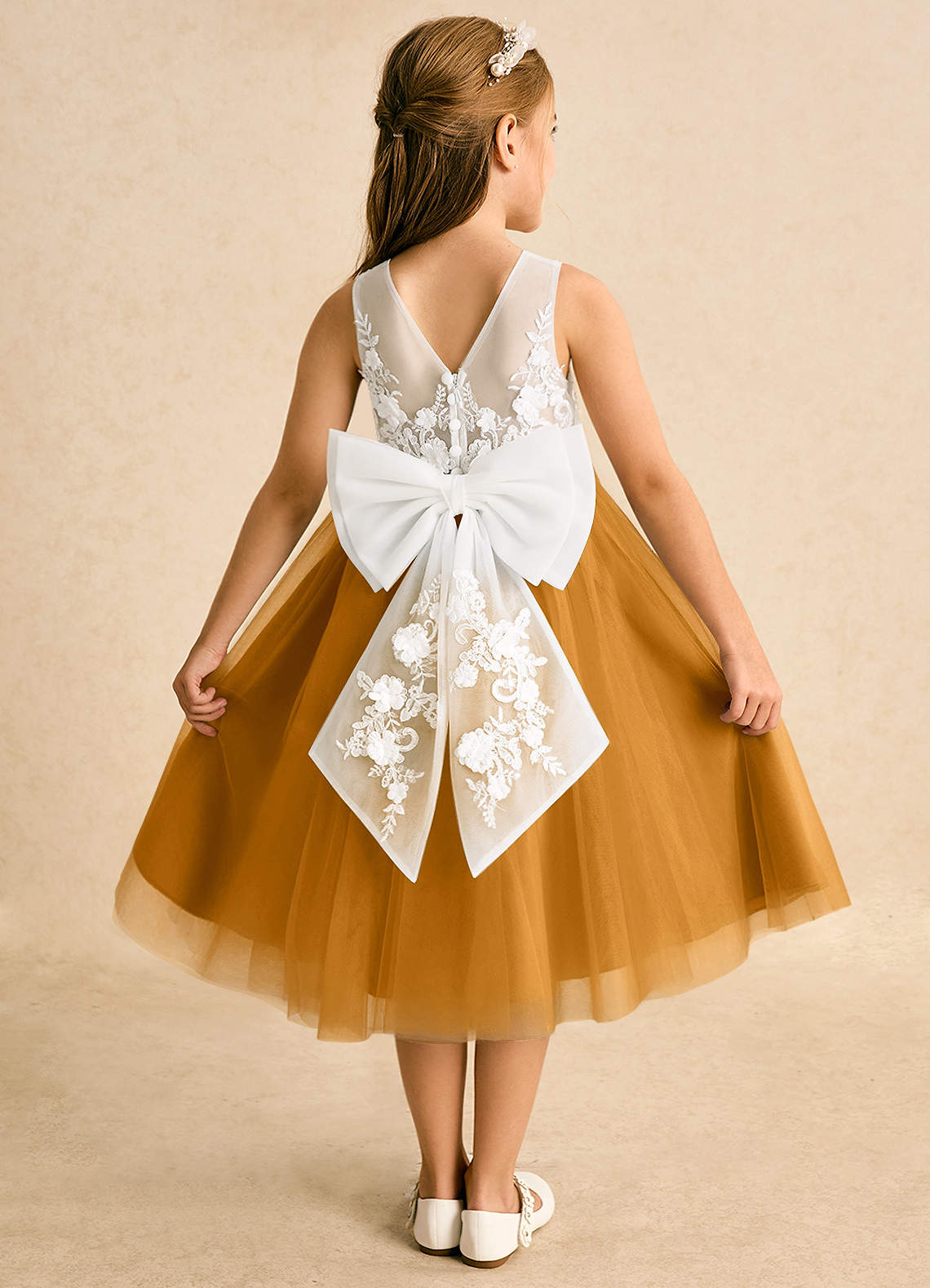 Azazie Lina Flower Girl Dresses Ivory Butterscotch Ball-Gown Lace Dress image1