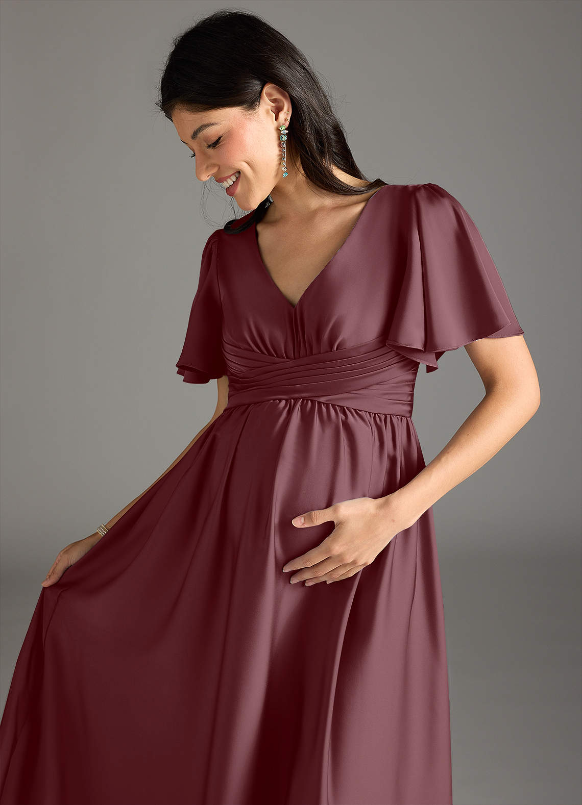 Azazie Verna vestidos de dama de honor de maternidad Vestido de Corte En A Volante Hasta el suelo Satén Elástico image1