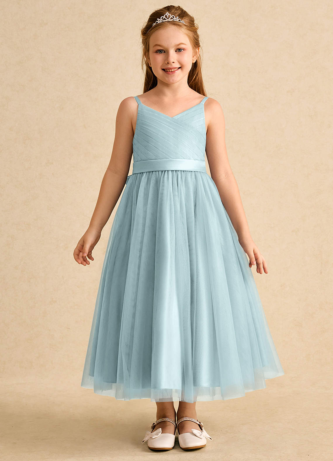 Azazie Patootie vestidos de niña de las flores Vestido de Neblina de Tul de Corte En A con Tirante Espagueti image1