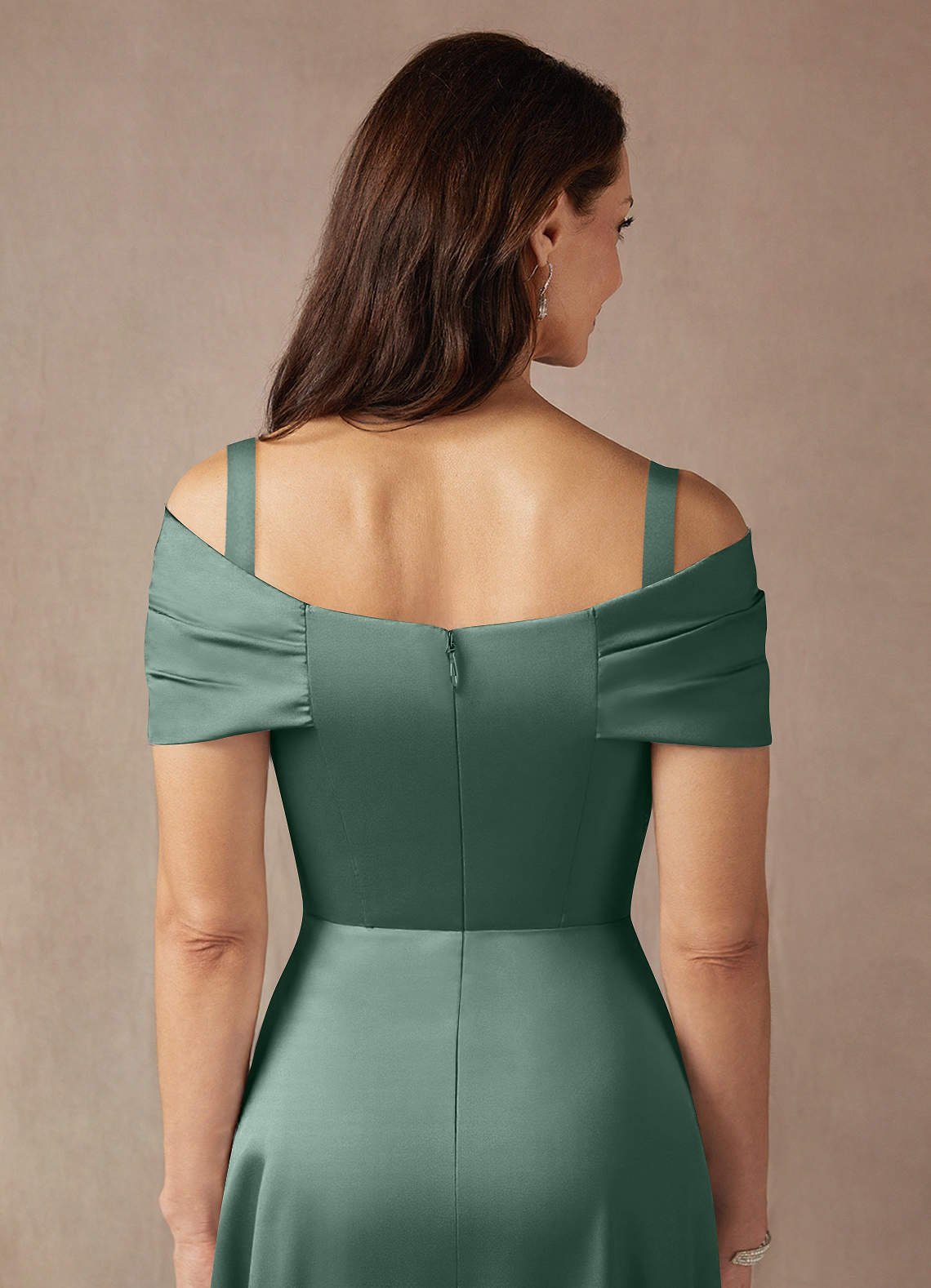 Azazie Amelia Mother of the Bride Dresses Eucalyptus A-Line Off the Shoulder Stretch Satin Dress image6