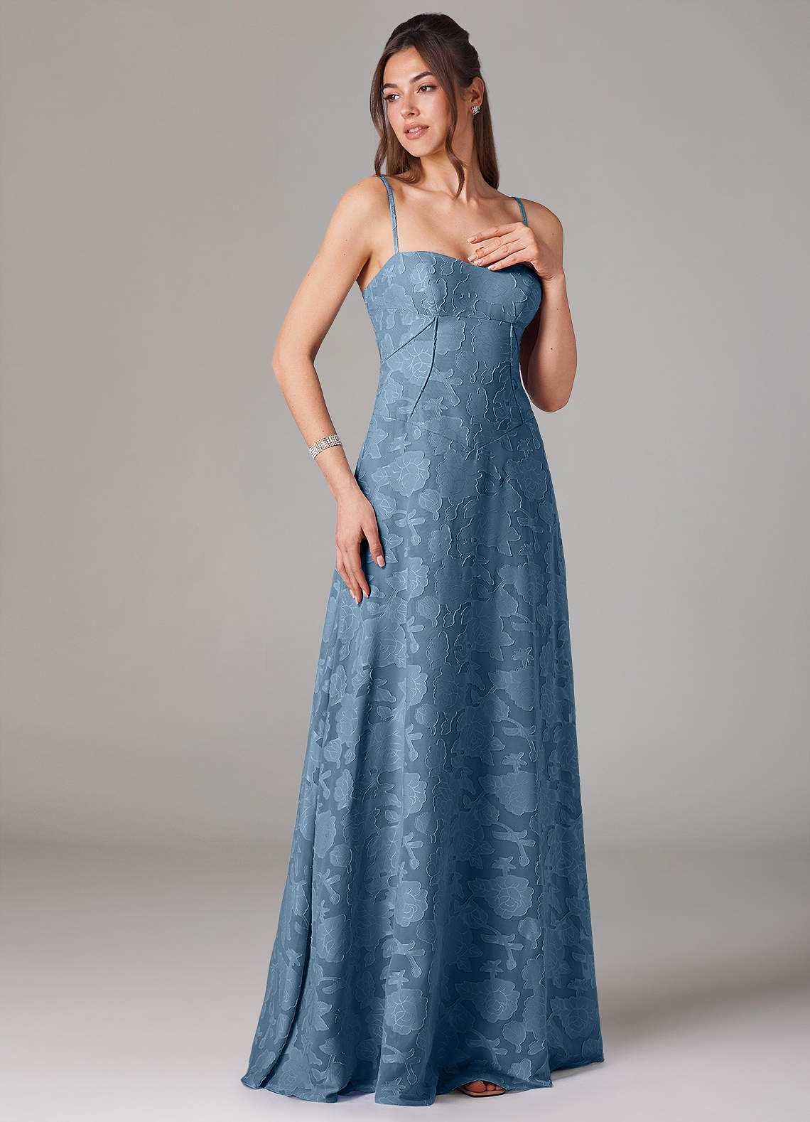 Azazie Valentine Bridesmaid Dresses Steel Blue A-Line Sweetheart Neckline Floral Burnout Dress image2