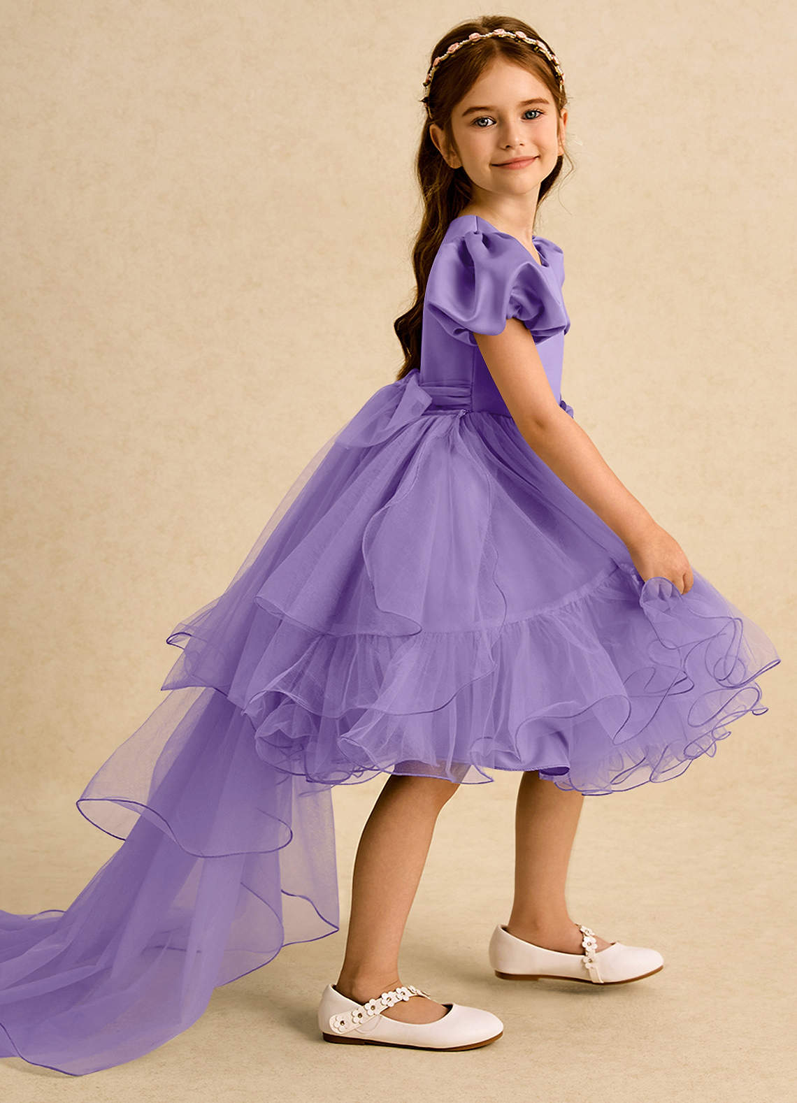 Azazie Cocoa vestidos de niña de las flores Vestido de Tahití de Tul de Princesa con Plisado image1