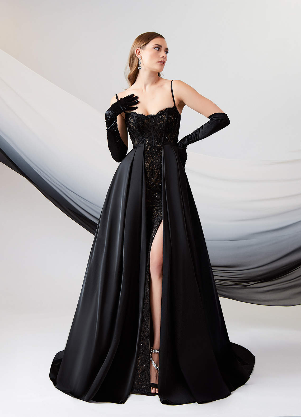 Azazie Esmeray Wedding Dresses Black Nude A-Line Sequins Stretch Satin Dress image1