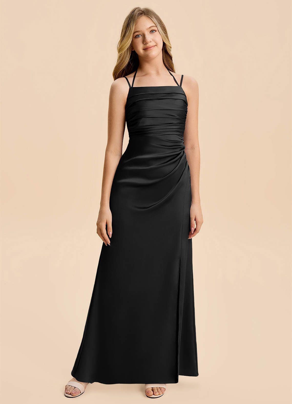 Azazie Nova Junior Black A-Line Pleated Stretch Satin Dress image5