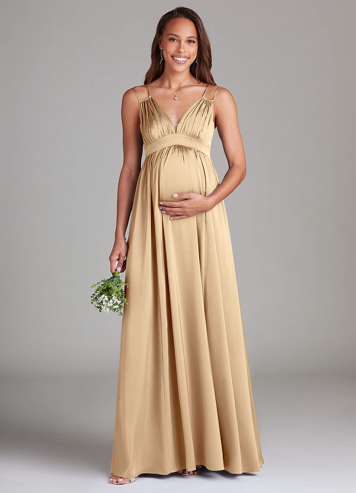 Azazie Emree Maternity Bridesmaid Dresses A-Line Stretch Satin Floor-Length Dress with Pockets image1