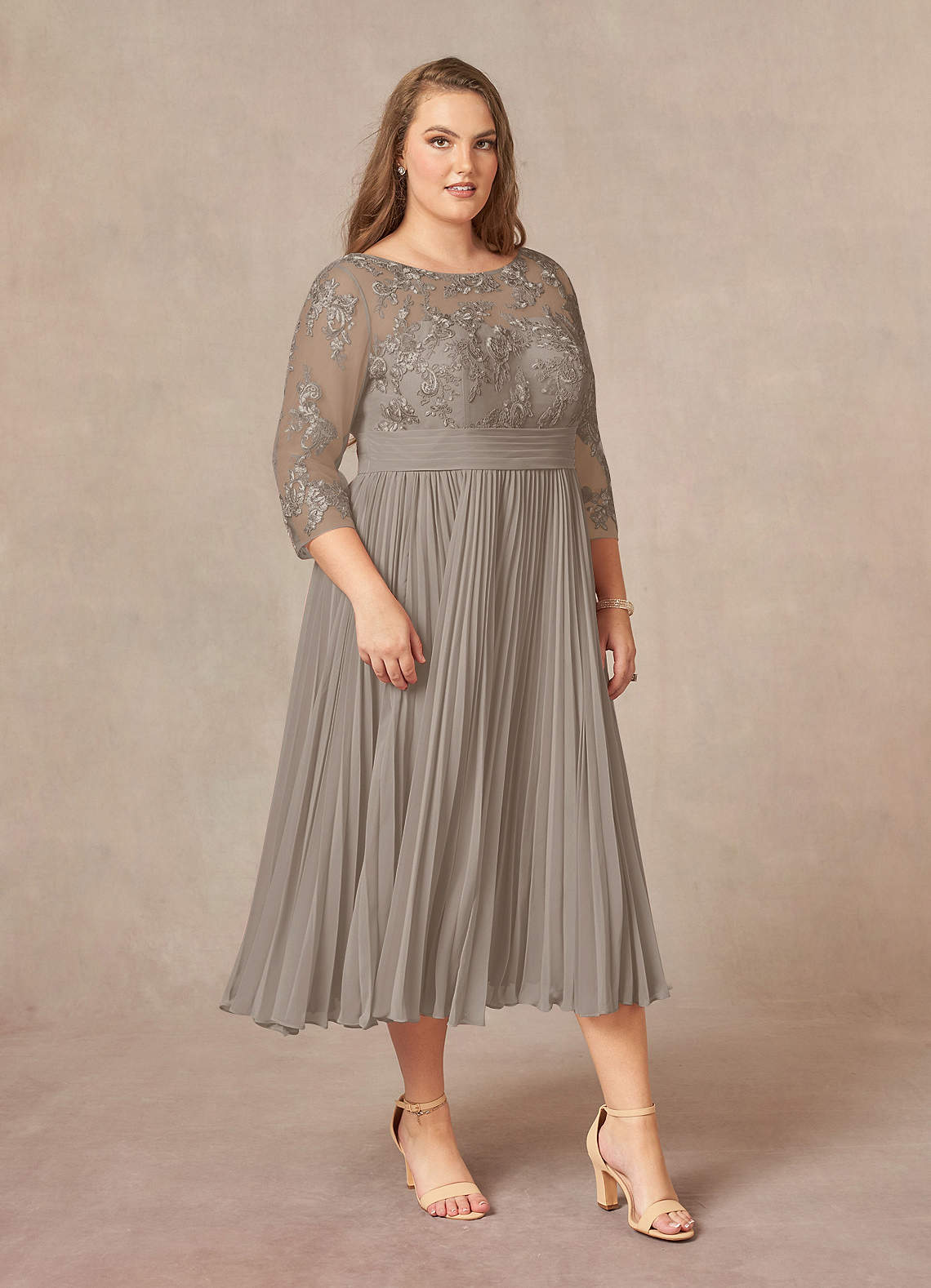 Azazie Tutu Mother of the Bride Dresses Taupe A-Line Boatneck Lace Chiffon Dress image9