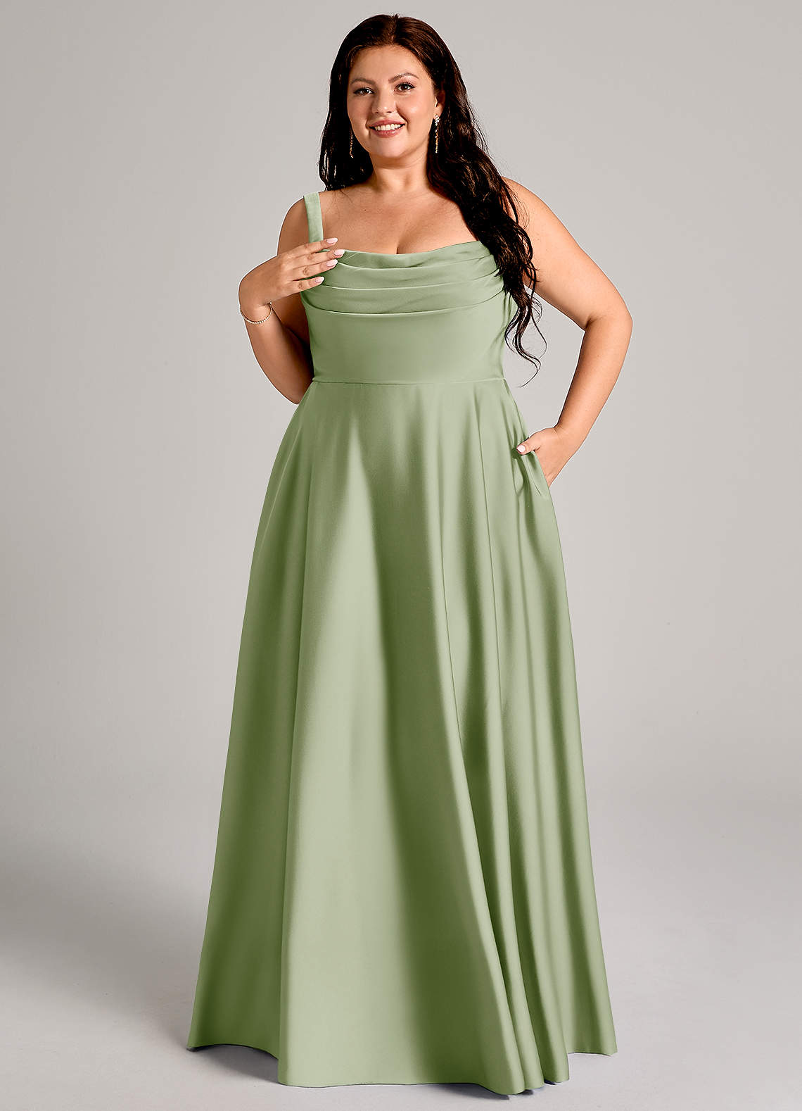 Azazie Shaude Bridesmaid Dresses Dusty Sage A-Line Pleated Stretch Satin Dress image10