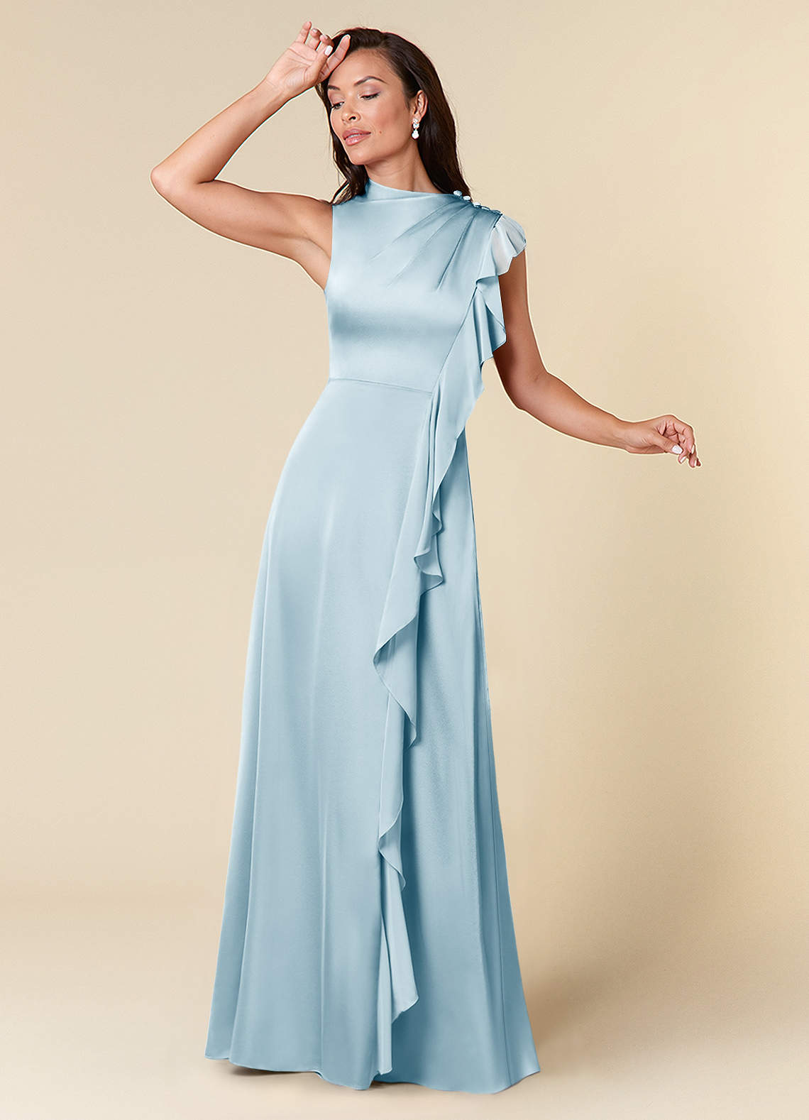 Azazie Narine Abiti per la Madre della Sposa Abito A-Line in Raso Elasticizzato Scollo alto plissettato Azzurro image1