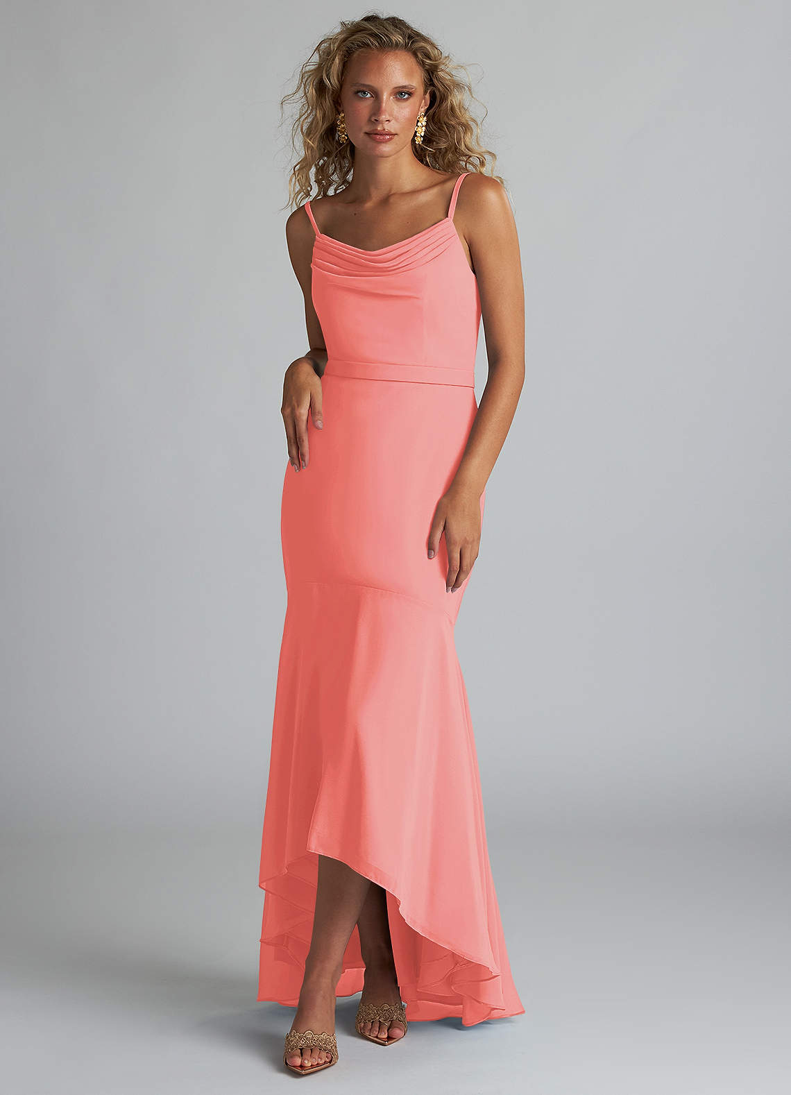 Azazie Summer Bridesmaid Dresses Coral Mermaid Scoop Cowl Chiffon Dress image1